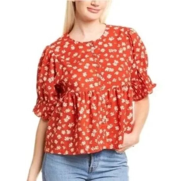 Madewell Puff Sleeve Floral Blouse Popover Top Happy Hibiscus Coral Shirt S - Picture 1 of 11